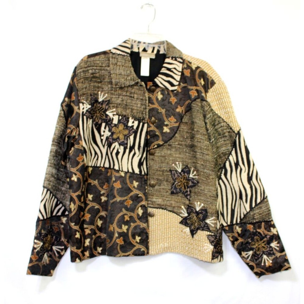 Coldwater Creek XL Artsy Textured BoHo Brown Black Blazer Jacket Lined Womens